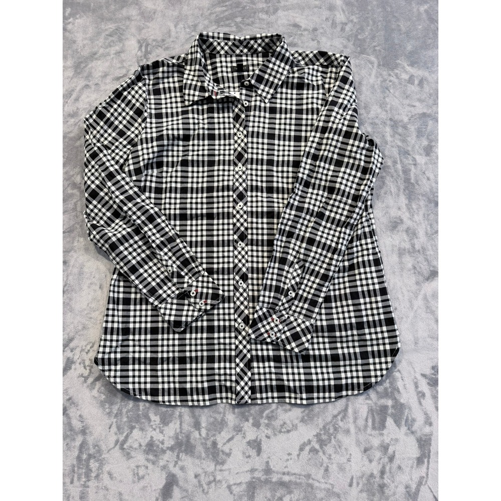 Talbots Womens Shirt Button Down Gingham Plaid Cotton Metallic Black White L